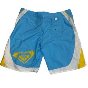 ROXY Board Shorts Light Blue Yellow White Large Colorblock STAIN Sz 7 Drawstring